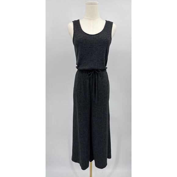 Uniqlo Soft Grey Ribbed Wide Leg Jumpsuit Sleeveless Drawstring Waist Size XS - Picture 2 of 8
